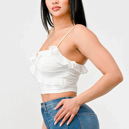 MESH CONTRAST RUCHED SWEETHEART WITH CHIFFON CAMISOLE RUFFLED CROPPED TOP