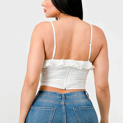 MESH CONTRAST RUCHED SWEETHEART WITH CHIFFON CAMISOLE RUFFLED CROPPED TOP