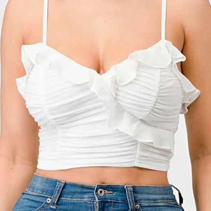 MESH CONTRAST RUCHED SWEETHEART WITH CHIFFON CAMISOLE RUFFLED CROPPED TOP