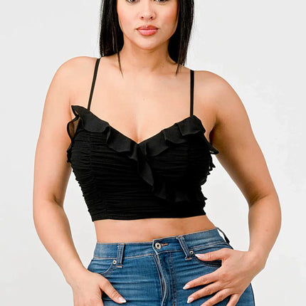MESH CONTRAST RUCHED SWEETHEART WITH CHIFFON CAMISOLE RUFFLED CROPPED TOP