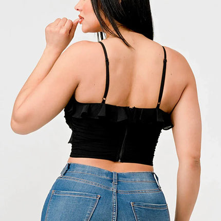 MESH CONTRAST RUCHED SWEETHEART WITH CHIFFON CAMISOLE RUFFLED CROPPED TOP