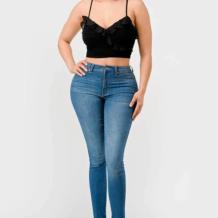 MESH CONTRAST RUCHED SWEETHEART WITH CHIFFON CAMISOLE RUFFLED CROPPED TOP