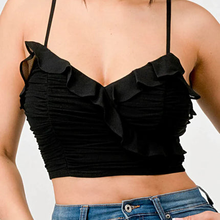 MESH CONTRAST RUCHED SWEETHEART WITH CHIFFON CAMISOLE RUFFLED CROPPED TOP