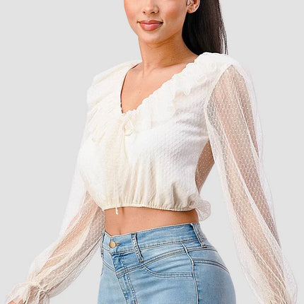 POLKA DOT MESH V-NECK RUFFLE DRAPED DRAWSTRING BOW PUFF LONG SLEEVES CROPPED TOP
