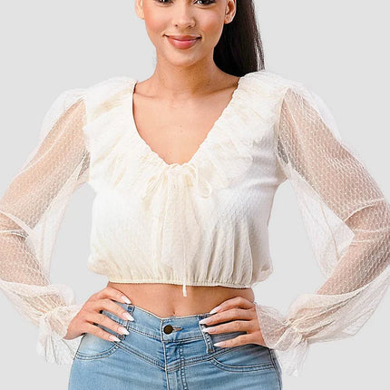 POLKA DOT MESH V-NECK RUFFLE DRAPED DRAWSTRING BOW PUFF LONG SLEEVES CROPPED TOP