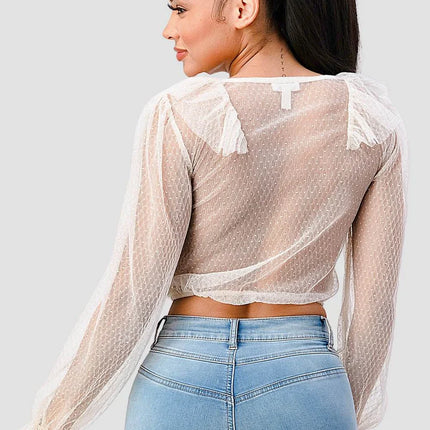 POLKA DOT MESH V-NECK RUFFLE DRAPED DRAWSTRING BOW PUFF LONG SLEEVES CROPPED TOP