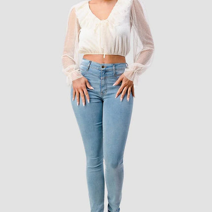POLKA DOT MESH V-NECK RUFFLE DRAPED DRAWSTRING BOW PUFF LONG SLEEVES CROPPED TOP