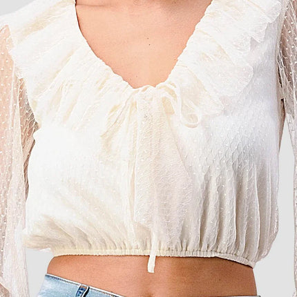 POLKA DOT MESH V-NECK RUFFLE DRAPED DRAWSTRING BOW PUFF LONG SLEEVES CROPPED TOP