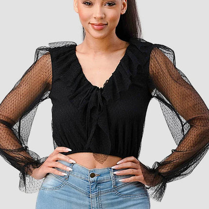 POLKA DOT MESH V-NECK RUFFLE DRAPED DRAWSTRING BOW PUFF LONG SLEEVES CROPPED TOP