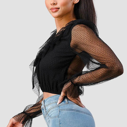 POLKA DOT MESH V-NECK RUFFLE DRAPED DRAWSTRING BOW PUFF LONG SLEEVES CROPPED TOP