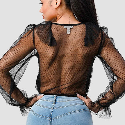 POLKA DOT MESH V-NECK RUFFLE DRAPED DRAWSTRING BOW PUFF LONG SLEEVES CROPPED TOP