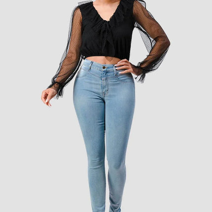 POLKA DOT MESH V-NECK RUFFLE DRAPED DRAWSTRING BOW PUFF LONG SLEEVES CROPPED TOP