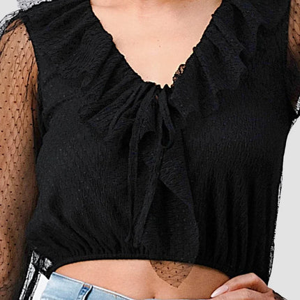 POLKA DOT MESH V-NECK RUFFLE DRAPED DRAWSTRING BOW PUFF LONG SLEEVES CROPPED TOP