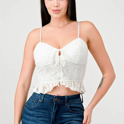 SUPER STRETCH COTTON LACE SWEETHEART DRAWSTRING RUFFLED CROPPED CAMI TOP