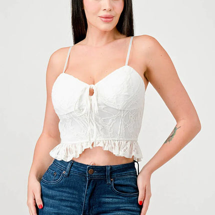 SUPER STRETCH COTTON LACE SWEETHEART DRAWSTRING RUFFLED CROPPED CAMI TOP