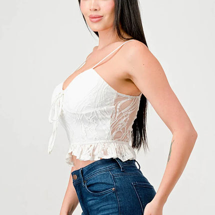 SUPER STRETCH COTTON LACE SWEETHEART DRAWSTRING RUFFLED CROPPED CAMI TOP
