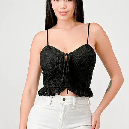 SUPER STRETCH COTTON LACE SWEETHEART DRAWSTRING RUFFLED CROPPED CAMI TOP