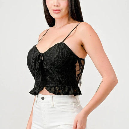 SUPER STRETCH COTTON LACE SWEETHEART DRAWSTRING RUFFLED CROPPED CAMI TOP