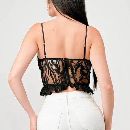 SUPER STRETCH COTTON LACE SWEETHEART DRAWSTRING RUFFLED CROPPED CAMI TOP