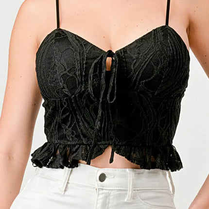 SUPER STRETCH COTTON LACE SWEETHEART DRAWSTRING RUFFLED CROPPED CAMI TOP