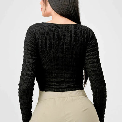 TEXTURED SWEETHEART LONG SLEEVES CROPPED TOP