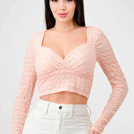 TEXTURED SWEETHEART LONG SLEEVES CROPPED TOP