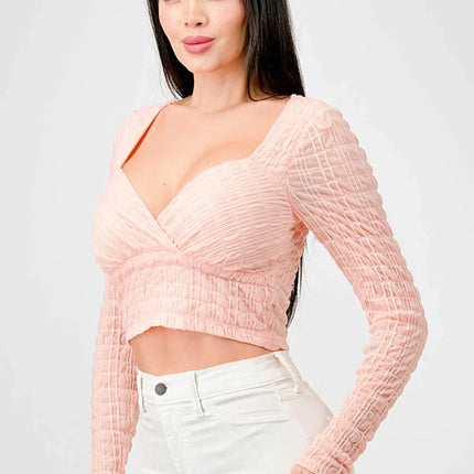 TEXTURED SWEETHEART LONG SLEEVES CROPPED TOP