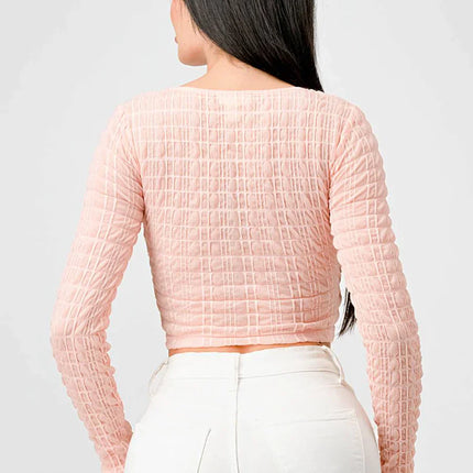 TEXTURED SWEETHEART LONG SLEEVES CROPPED TOP