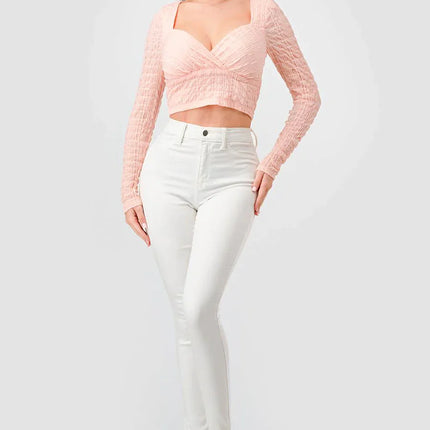 TEXTURED SWEETHEART LONG SLEEVES CROPPED TOP