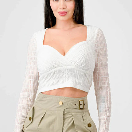 TEXTURED SWEETHEART LONG SLEEVES CROPPED TOP