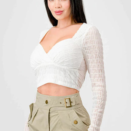 TEXTURED SWEETHEART LONG SLEEVES CROPPED TOP