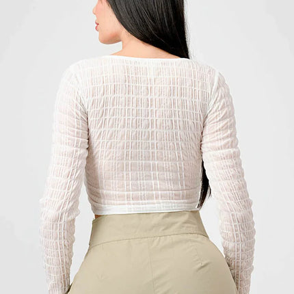 TEXTURED SWEETHEART LONG SLEEVES CROPPED TOP