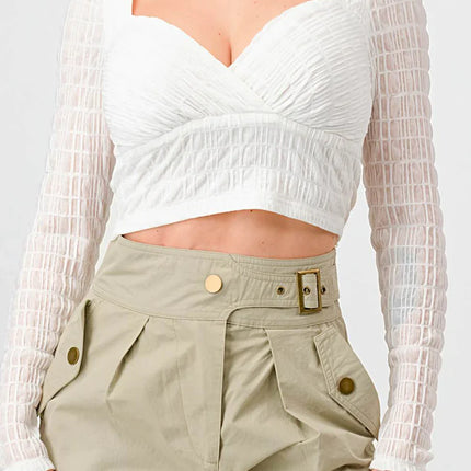 TEXTURED SWEETHEART LONG SLEEVES CROPPED TOP