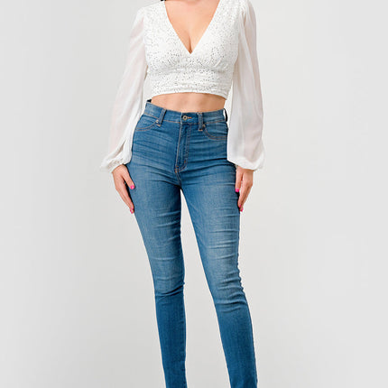 Luxe Lace Sequin Crop Top with Sheer Long Sleeves – Black or White