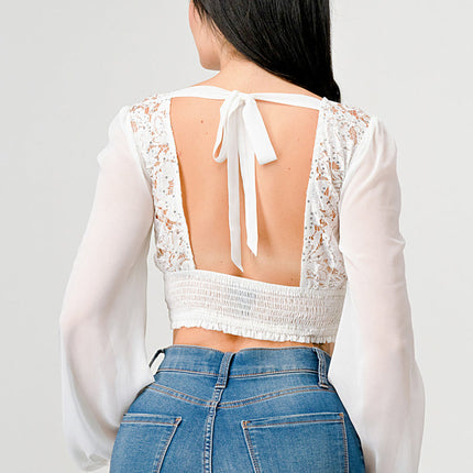 Luxe Lace Sequin Crop Top with Sheer Long Sleeves – Black or White