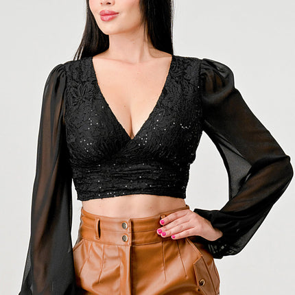 Luxe Lace Sequin Crop Top with Sheer Long Sleeves – Black or White