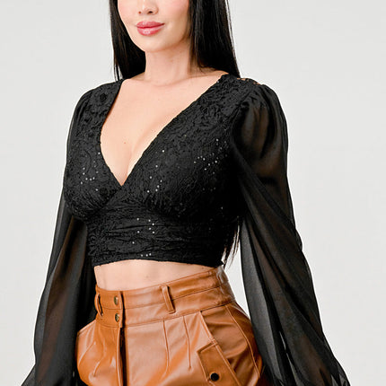 Luxe Lace Sequin Crop Top with Sheer Long Sleeves – Black or White