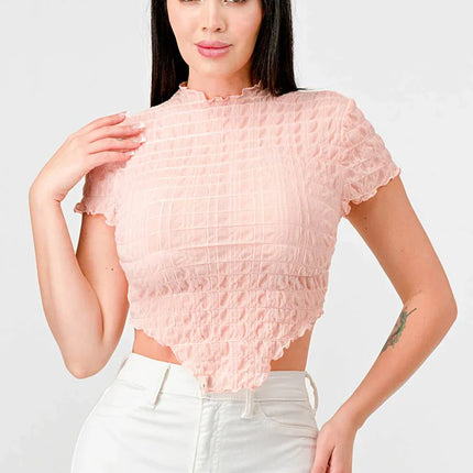 TEXTURED RUFFLED HEM KEYHOLE BACK ASYMMETRICAL CROPPED TOP