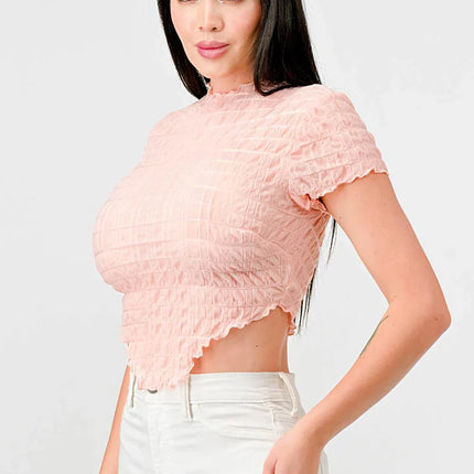 TEXTURED RUFFLED HEM KEYHOLE BACK ASYMMETRICAL CROPPED TOP