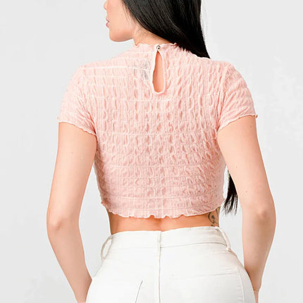 TEXTURED RUFFLED HEM KEYHOLE BACK ASYMMETRICAL CROPPED TOP