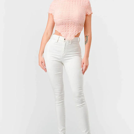 TEXTURED RUFFLED HEM KEYHOLE BACK ASYMMETRICAL CROPPED TOP