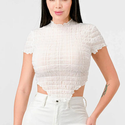TEXTURED RUFFLED HEM KEYHOLE BACK ASYMMETRICAL CROPPED TOP