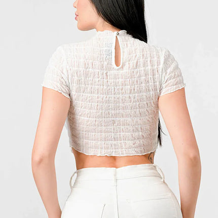 TEXTURED RUFFLED HEM KEYHOLE BACK ASYMMETRICAL CROPPED TOP