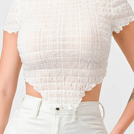 TEXTURED RUFFLED HEM KEYHOLE BACK ASYMMETRICAL CROPPED TOP