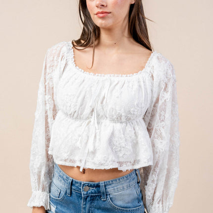 Bella Lace Angelica – 3D Off-Shoulder Floral Blouse in White