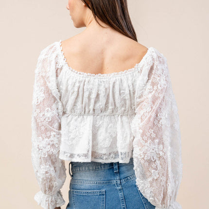 Bella Lace Angelica – 3D Off-Shoulder Floral Blouse in White