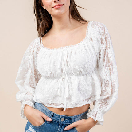 Bella Lace Angelica – 3D Off-Shoulder Floral Blouse in White