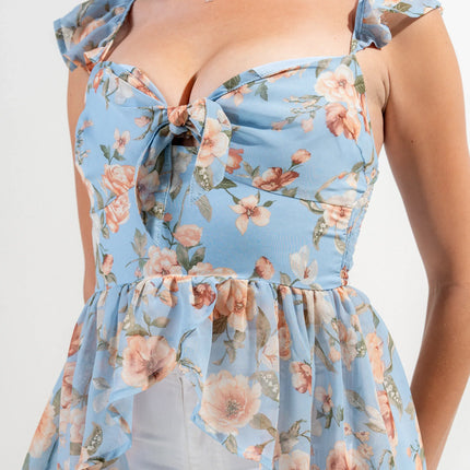 FLORAL KNOT TIE SWEETHEART FLUTTER RUFFLED TOP