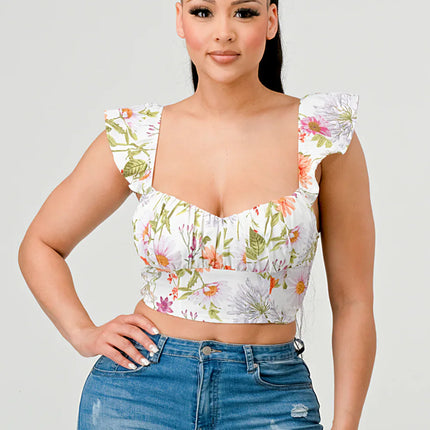 FLORAL SWEETHEART RUCHED FLUTTER SLEEVES CROPPED TOP