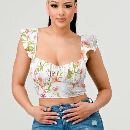 FLORAL SWEETHEART RUCHED FLUTTER SLEEVES CROPPED TOP